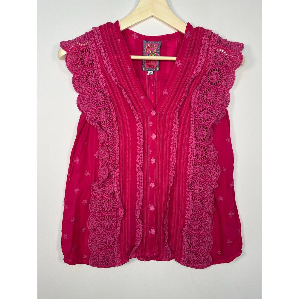 Johnny Was Pink Eyelet and Crochet Rayon Sleeveless Top Size XS